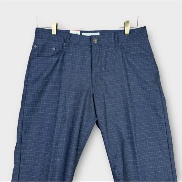 Brax Cooper Fancy Regular Fit Chino Pants Mens 35x36 Blue Plaid Unhemmed Leg NWT